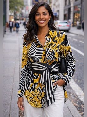 Fashion Nova Black & Yellow Button-Down Blouse S